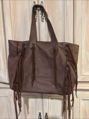 Claudia Firenze Fringed Shoulder Tote Bag in Dark Brown. Genuine leather.